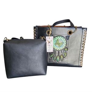 Leather Black Dreamcatcher Tote Bag With  Crosbody NEW